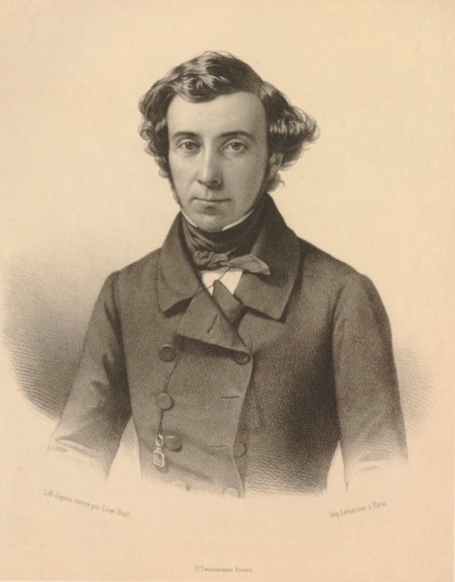 Black and white engraved portrait of Alexis de Tocqueville