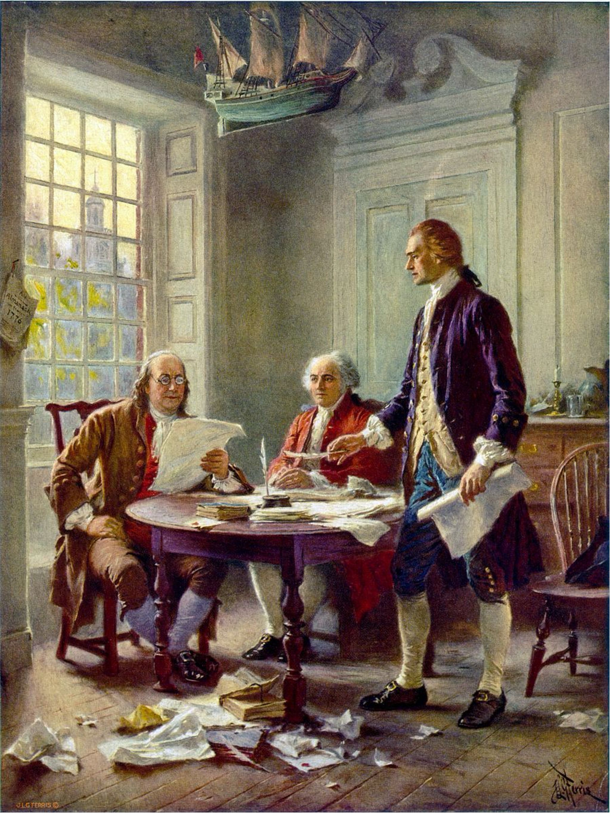 A historical painting depicts three men, one of them Benjamin Franklin, in 18th-century attire discussing documents. Papers are scattered on the floor, and a model ship is displayed