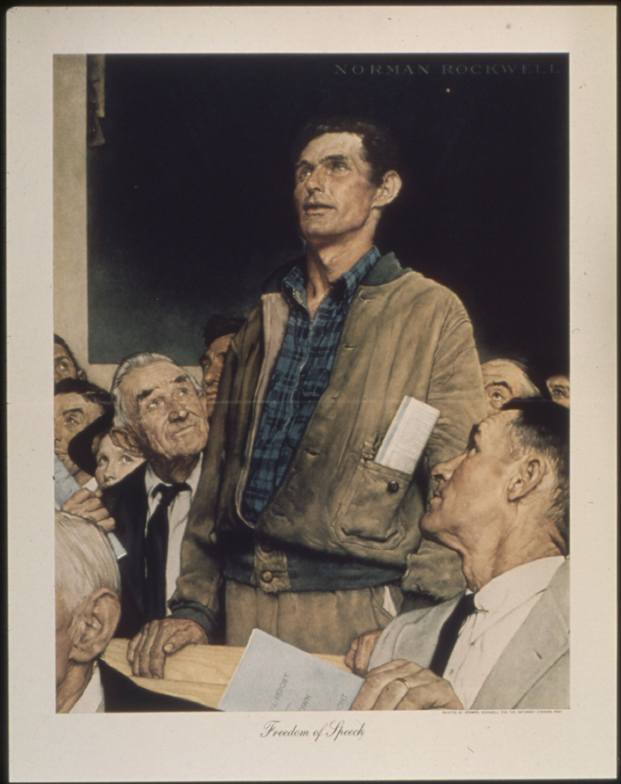 A painting of a man standing speaking titled