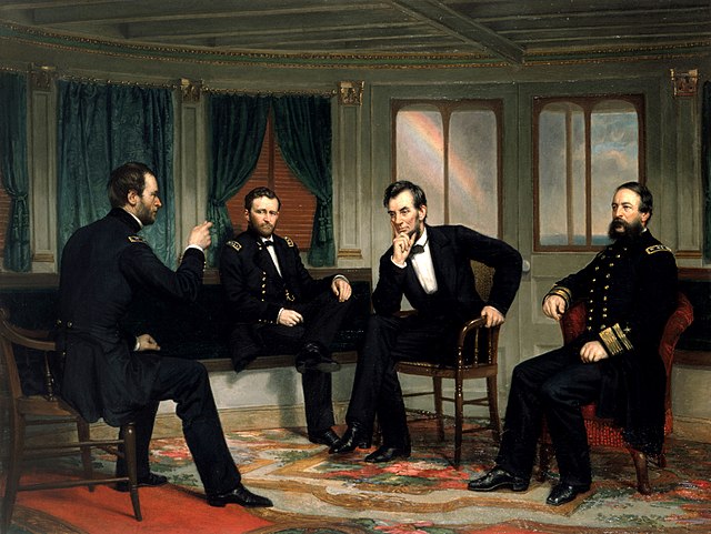 Painting with Abraham Lincoln surrounded by three other men titled