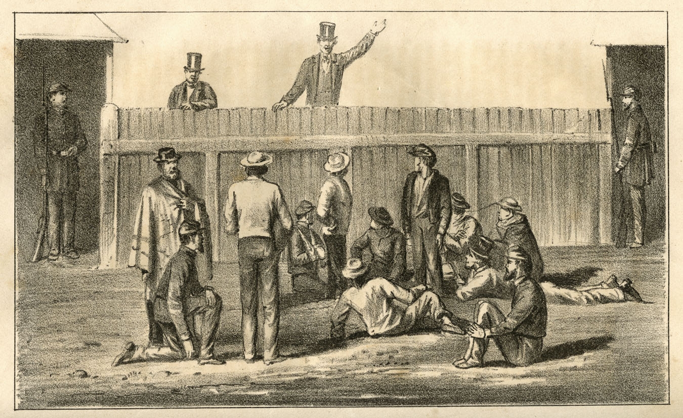 A drawing depicting prisoners and guards at Camp Chase.