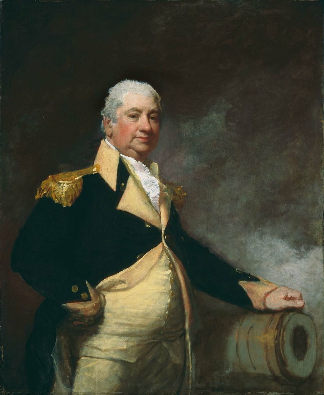 A painting of Henry Knox standing next to a cannon.