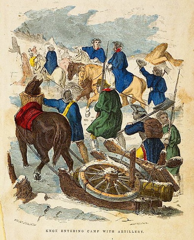 Artwork showing Henry Knox and a dozen other soldiers entering a camp with artillery.