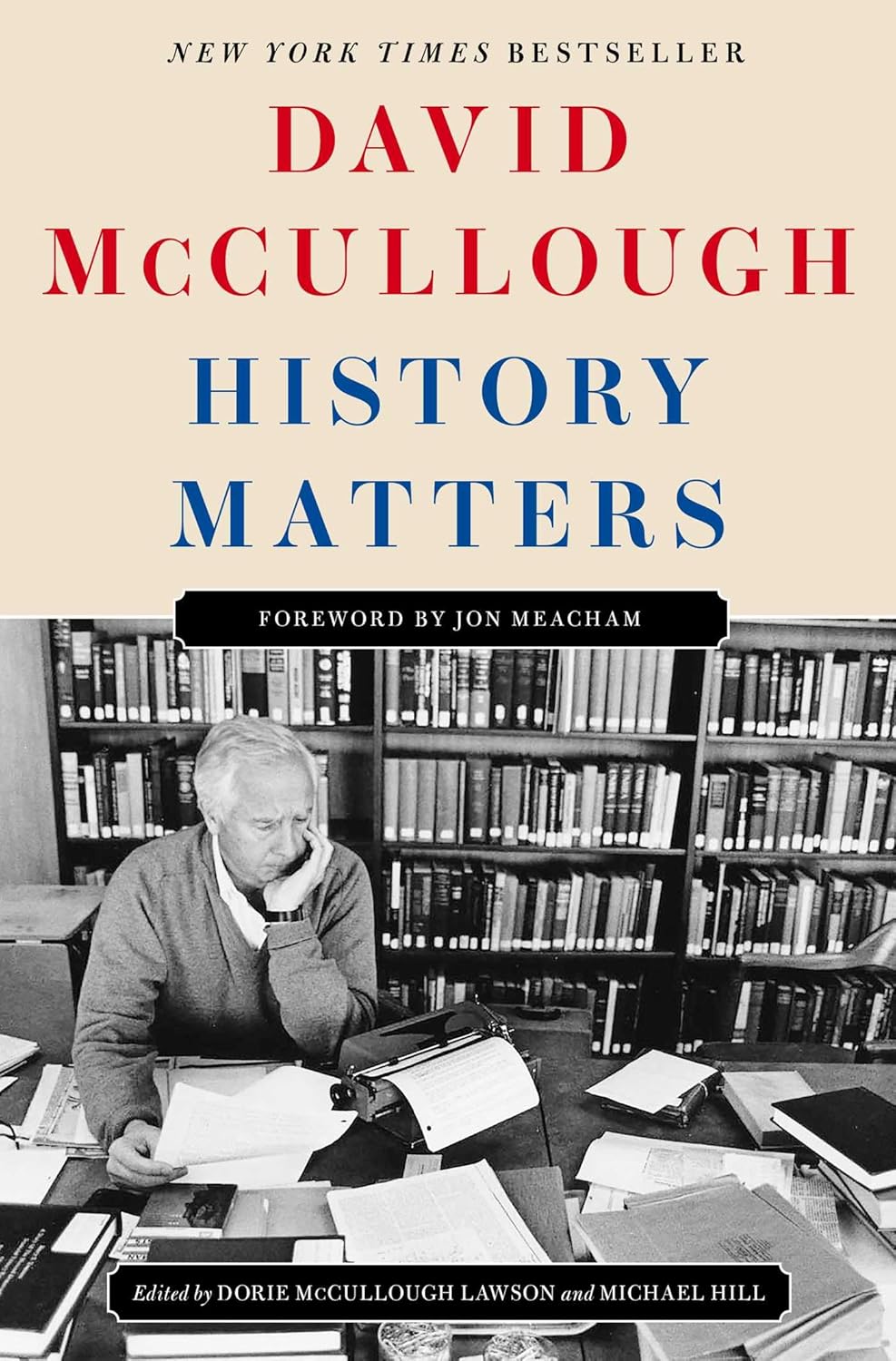 David McCullough seated at an office desk on the cover of his essay collection, 