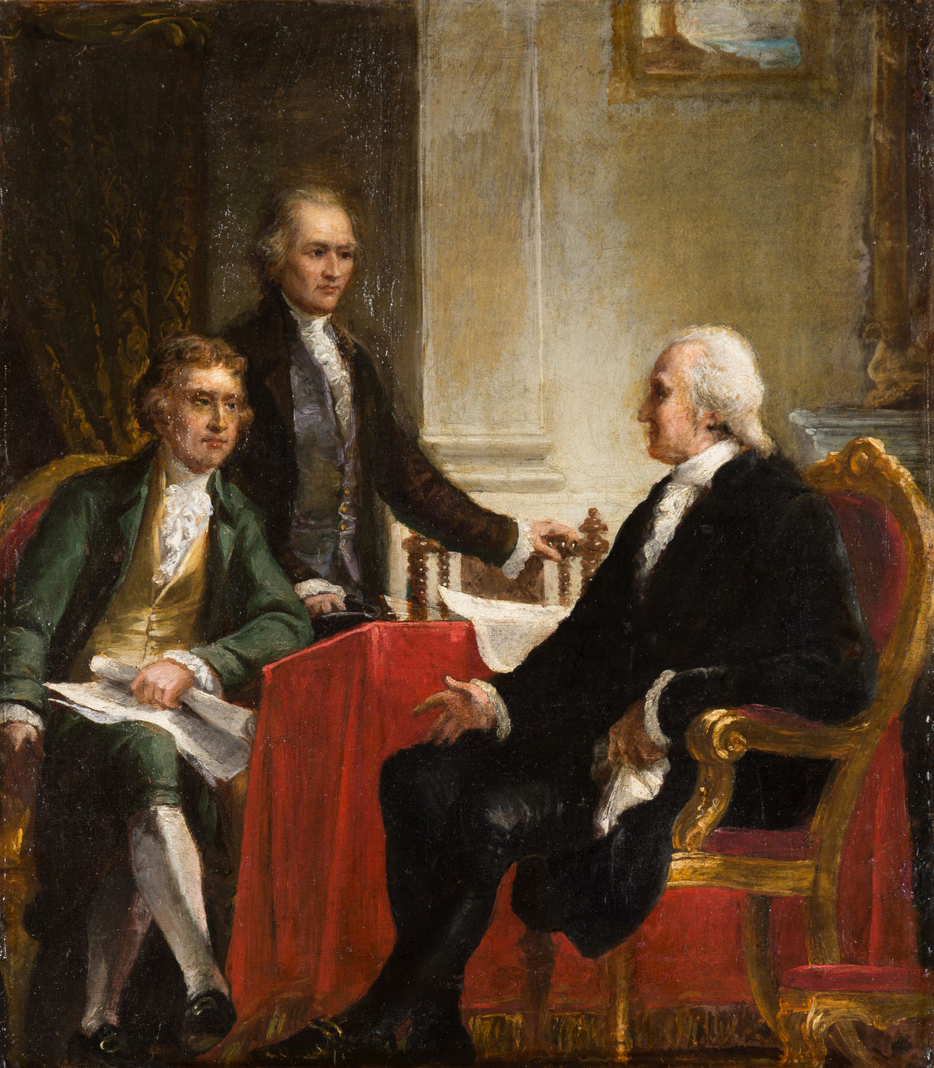 George Washington and Jefferson are seated across a desk while Hamilton stands and talks.