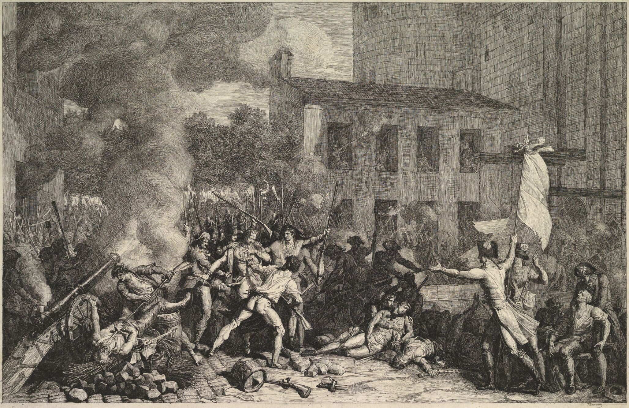 Depiction of the storming of the Bastille in France. An angry mob storms a stronghold.