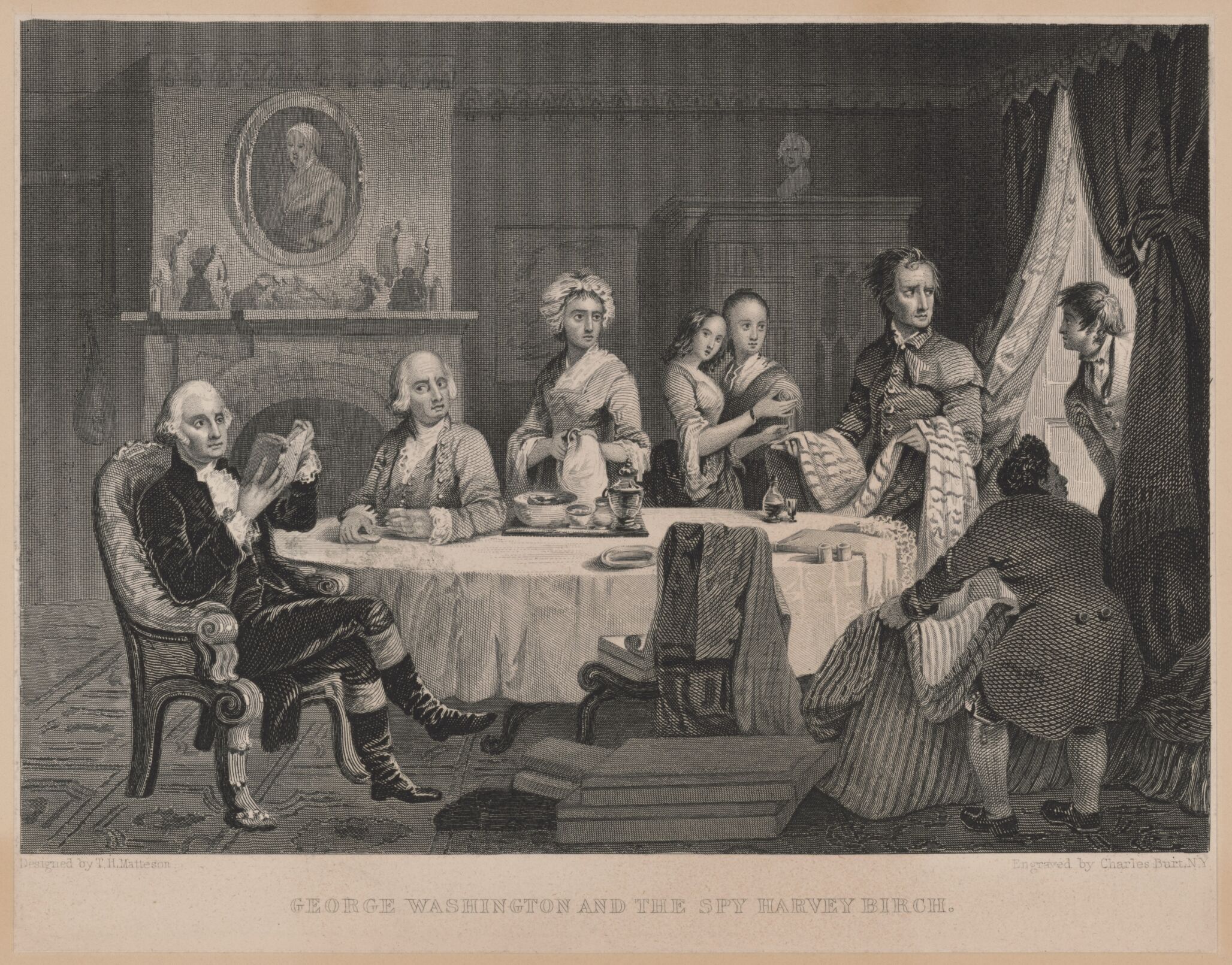 George Washington and spies are seated around a table.
