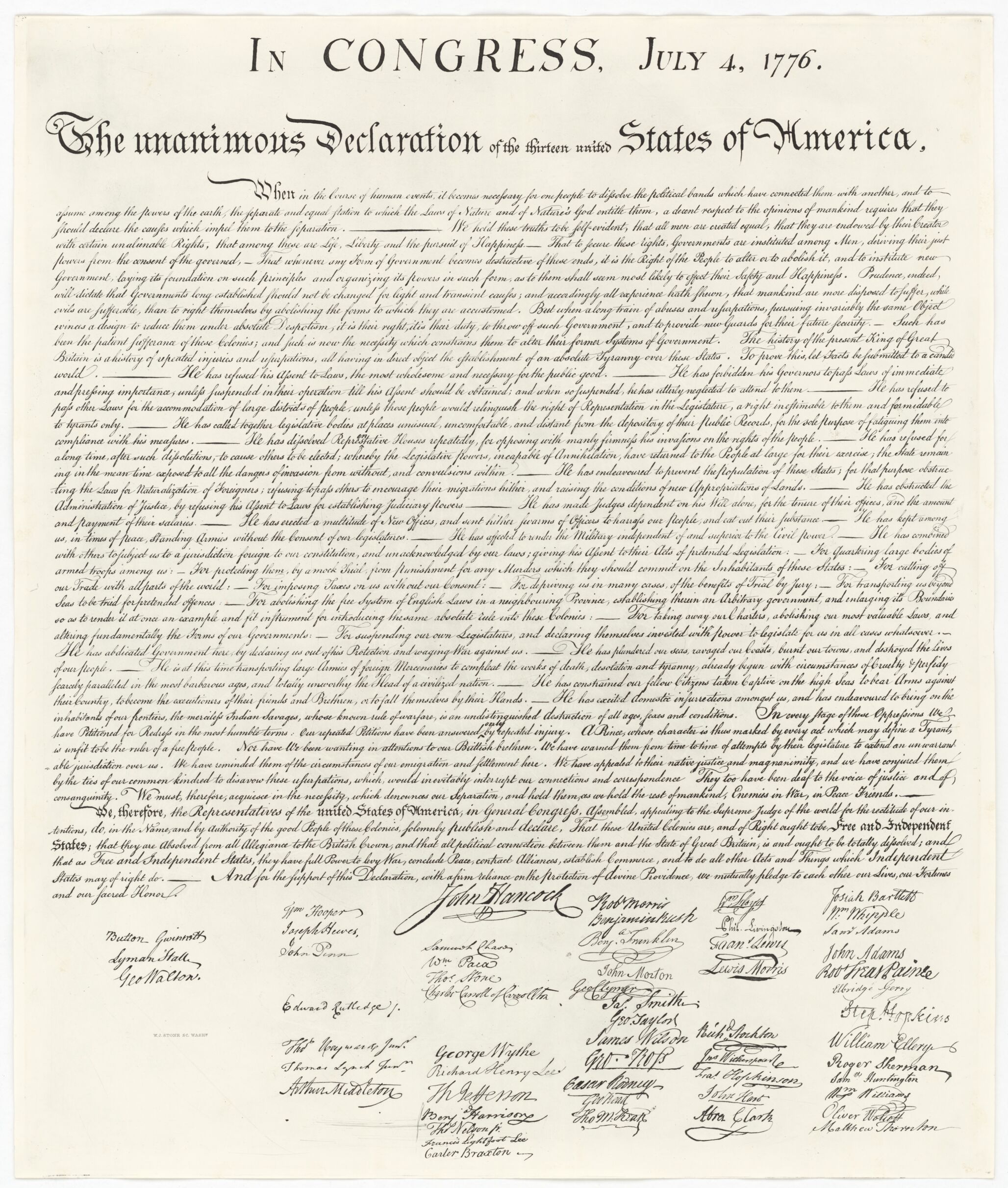 Stone Plate of the Declaration of Independence with signatures at the bottom.